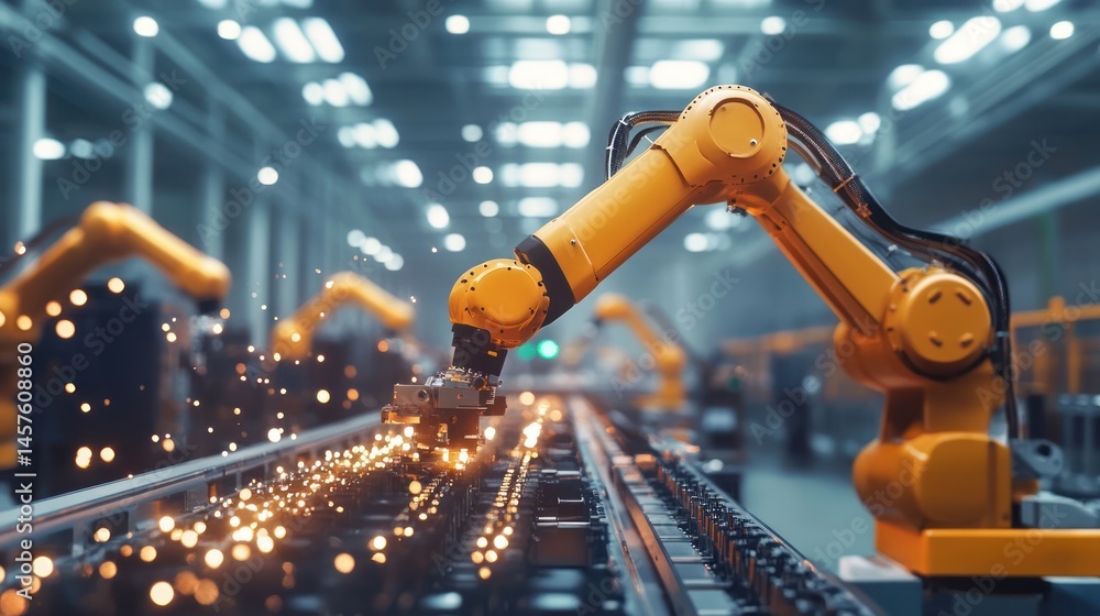 Poster precision automation: robotic arms undertaking meticulous tasks with sparks flying