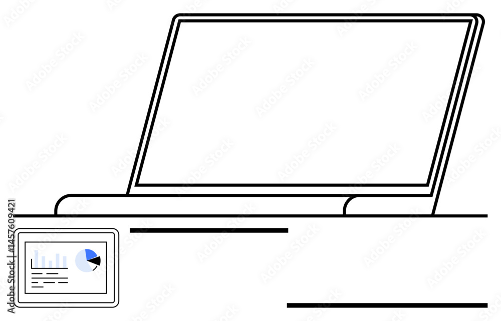 Aufkleber open laptop with minimalistic design, displaying a data report window featuring graphs and pie chart
