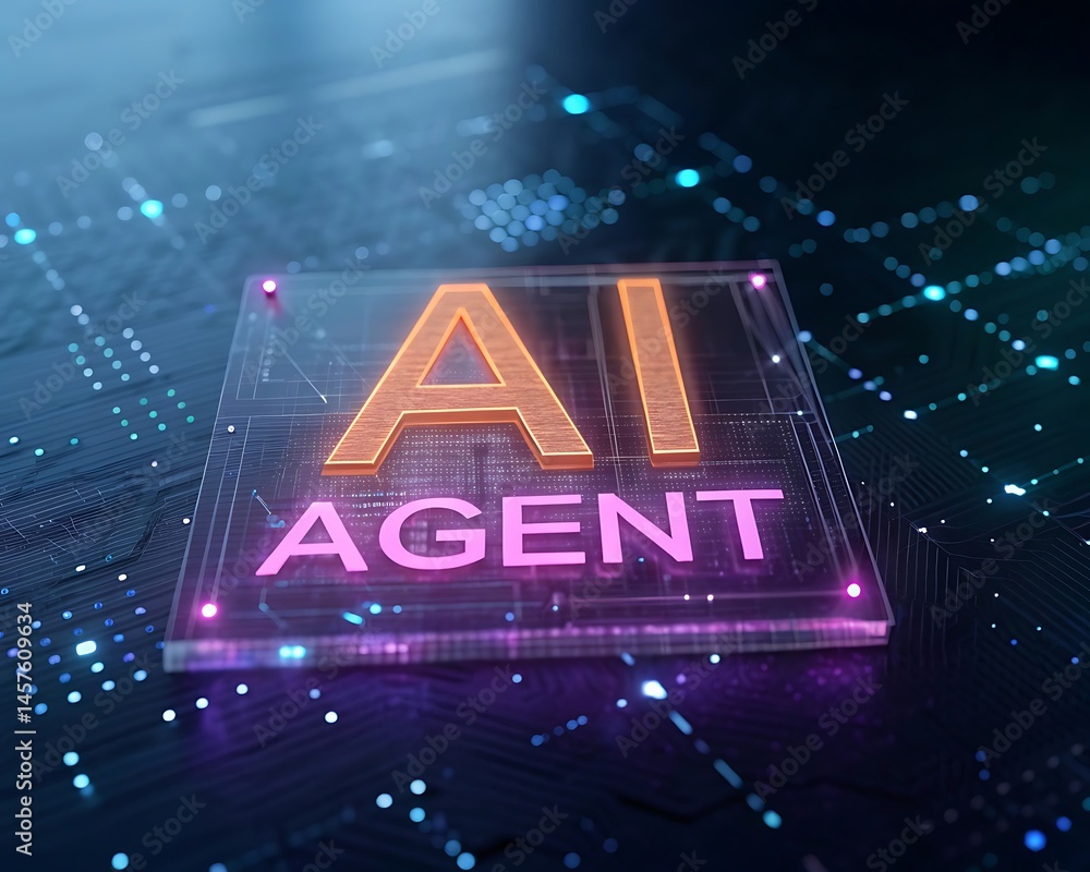 Aufkleber a glowing ai agent text on a transparent chip with a digital background and colorful lights