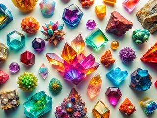 Fototapeta premium Aerial View: Colorful Crystal Collection Artistic Arrangement on White