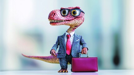 Naklejka premium Dressed-up dinosaur with glasses and a briefcase, ready for the office