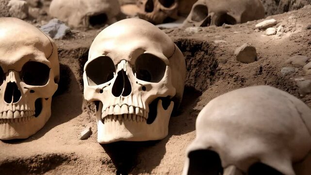 Archeological dig site displaying several human skulls uncovered in a dirt excavation trench, bone discoveries, ancient history, scientific find