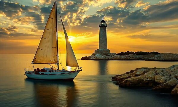 Sailboat sailing past lighthouse at golden sunset.  Calm waters, dramatic clouds