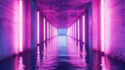 Neon-lit tunnel reflecting vibrant hues in a futuristic space