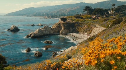 Fototapeta premium Coastal California landscape with wildflowers and rocks