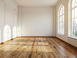 Obraz premium A large room with a white wall and wooden floors. There are no furniture or decorations in the room