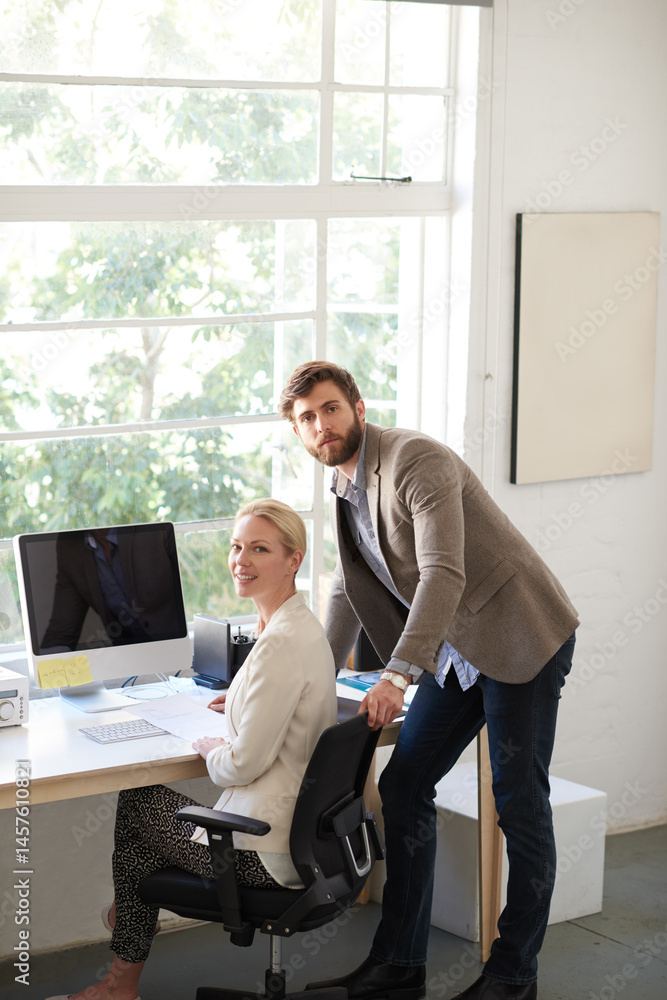 Aufkleber portrait, woman and man on computer in office for research, planning and ideas as web designer with 