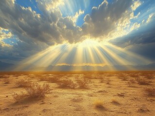 Sunlight streaming through sandstorm clouds, casting dramatic rays onto a barren desert floor dotted with sparse vegetation