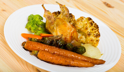 Broiled quail in honey-mustard sauce with garnish of baked cauliflower, Brussels sprout, broccoli, carrots and onion