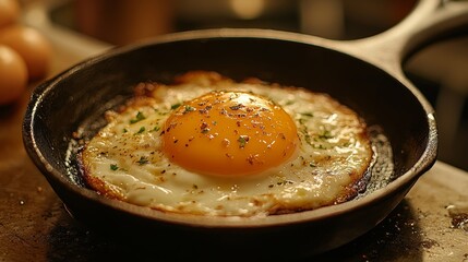 sunny-side-up egg frying in a cast-iron skillet, sizzling oil, warm golden light, rustic kitchen setting -