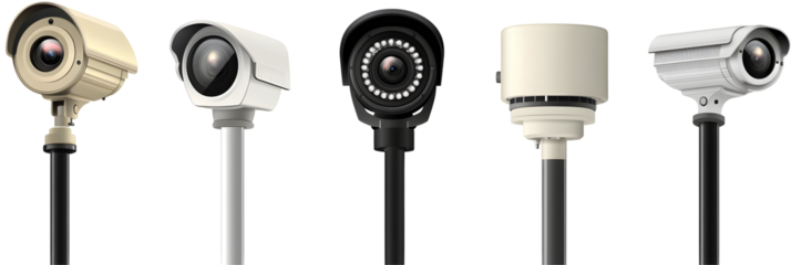 Diverse surveillance cameras standing guard in a digital realm, vigilantly securing virtual spaces