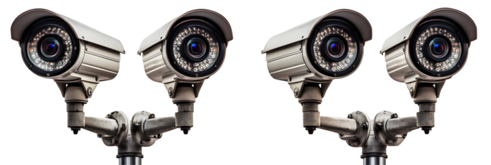 Vigilant guardians: four surveillance cameras stand watch against a black backdrop