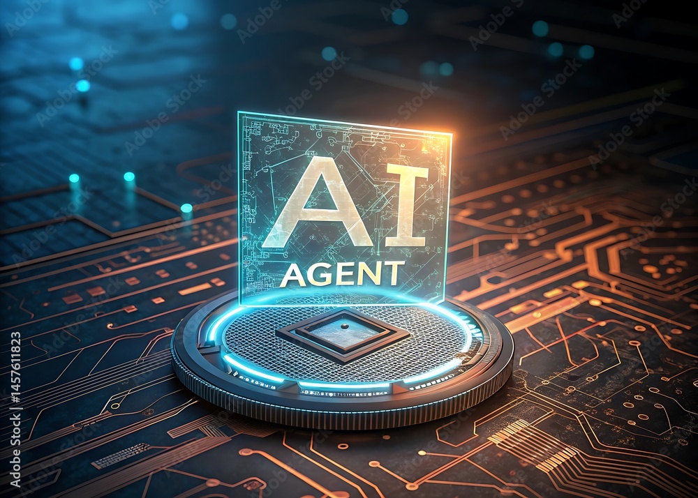 Aufkleber a glowing ai agent displayed on a futuristic platform with circuit board background details shown