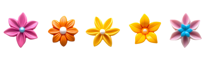 Five whimsical stylized flowers in vibrant hues against a stark black backdrop