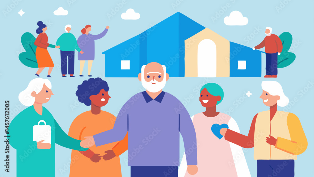 Poster community support programs an of a community center with various elderly individuals engaged in diff