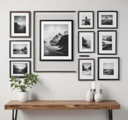 Customizable photo frame gallery wall; diverse frame styles and sizes on a white wall , design, design element, photo frames