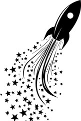 Rocket launching with stars in a playful silhouette style  