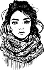 Young woman wearing a scarf with a thoughtful expression  