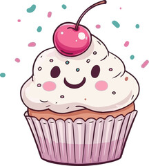 Cute smiling cupcake with cherry and colorful sprinkles  