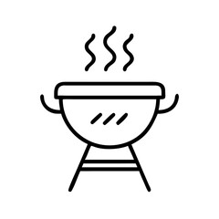 Black line icon of barbecue grill with steam lines, minimal vector illustration of outdoor cooking and summer picnic, isolated on white background