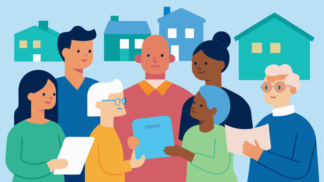 Community Meeting An of a diverse group of residents holding a community meeting discussing concerns with maps and housing plans visible showing a fight against