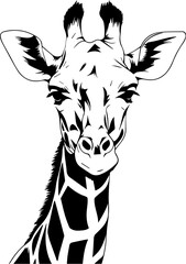 Giraffe illustration in black and white with intricate details  