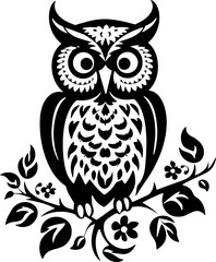 Beautiful Black and White Owl Decorated with Floral Elements  
