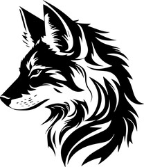 Stylized wolf head illustration in black and white  