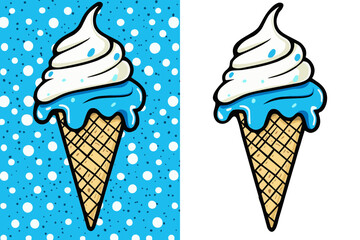 Colorful ice cream cone with blue swirl against playful background  