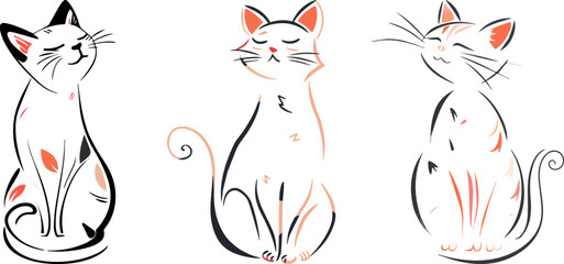 Three elegant cats sitting peacefully on a white background  