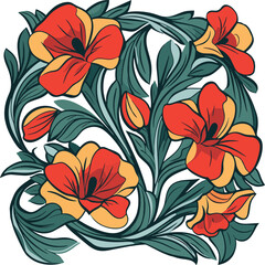 Colorful floral pattern with blossoms and leaves on white background  