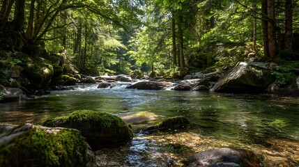 Obraz premium 苔むす岩と澄んだ水が流れる森の清流
