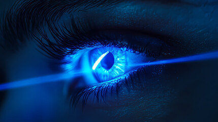 Futuristic a blue digital light beam shining across a human eye, symbolizing technology and innovation. [Neon Beasts] | Laser Predator | beam eyes. Illustration