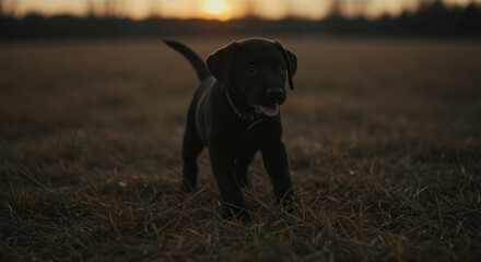 Black Labrador Puppy Walking in Field at Sunset with Warm Glow