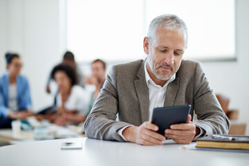 Mature, man and reading in office with tablet for corporate, online and planning for company...