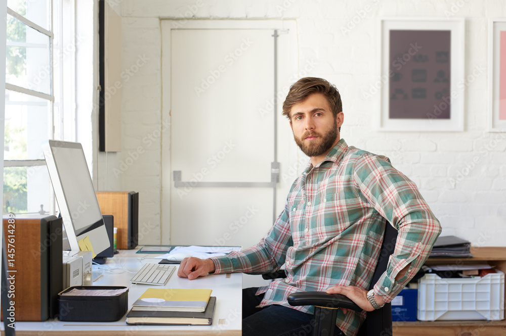 Poster portrait, business and man with startup, creativity and project for graphic designer with computer. 