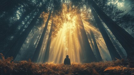 Towering sequoia forest with ancient trees stretching into the sky, soft forest floor covered in ferns and fallen leaves, golden light filtering through the dense canopy, timeless and majestic view