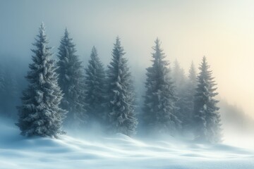 Naklejka premium Towering snow-covered pine trees in a winter landscape, gentle snowfall adding a soft, serene atmosphere 