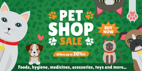 Pet Shop Sale - Layout and Elements to Make - Logo, Dogs and Cats Illustrations, Layout Elements and Green Pet Items Background. Offers up to 30% off.