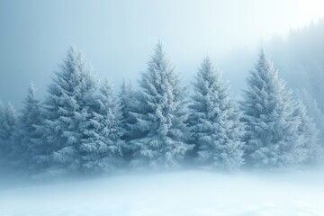 Fototapeta premium Towering snow-covered pine trees in a winter landscape, gentle snowfall adding a soft, serene atmosphere 