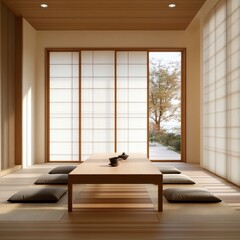 traditional Japanese tatami room with sliding shoji doors, low wooden table, floor cushions, minimalist decor, soft natural light, and a tranquil atmosphere reflecting Zen philosophy 