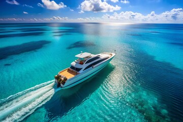 Fototapeta premium Aerial View Luxury Yacht Turquoise Water Minimalist Sailing