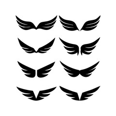Black wings icon set. Wings icons. Collection badges of wings. Vector illustration. Set of wings icons. Collection wings badges. Vector illustration. Silhouette Vector Black. with white background
