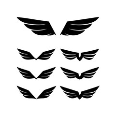 Black wings icon set. Wings icons. Collection badges of wings. Vector illustration.Set of wings icons. Collection wings badges. Vector illustration.Silhouette Vector Black. with white background
