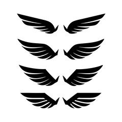 Black wings icon set. Wings icons. Collection badges of wings. Vector illustration. Set of wings icons. Collection wings badges. Vector illustration. Silhouette Vector Black. with white background

