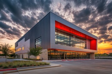 Obraz premium Modern commercial building at sunset, featuring metal siding, large windows, and red accents