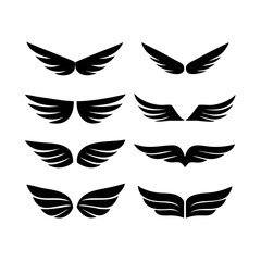 Obraz premium Black wings icon set. Wings icons. Collection badges of wings. Vector illustration. Set of wings icons. Collection wings badges. Vector illustration. Silhouette Vector Black. with white background 