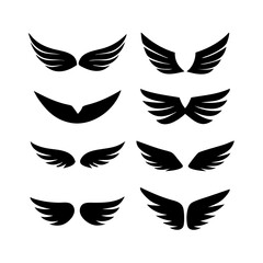 Obraz premium Black wings icon set. Wings icons. Collection badges of wings. Vector illustration.Set of wings icons. Collection wings badges. Vector illustration.Silhouette Vector Black. with white background 