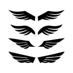 Black wings icon set. Wings icons. Collection badges of wings. Vector illustration. Set of wings icons. Collection wings badges. Vector illustration. Silhouette Vector Black. with white background

