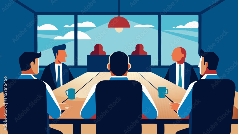 Poster chain of command a large corporate boardroom with exeives making decisions while smallscale farmers 